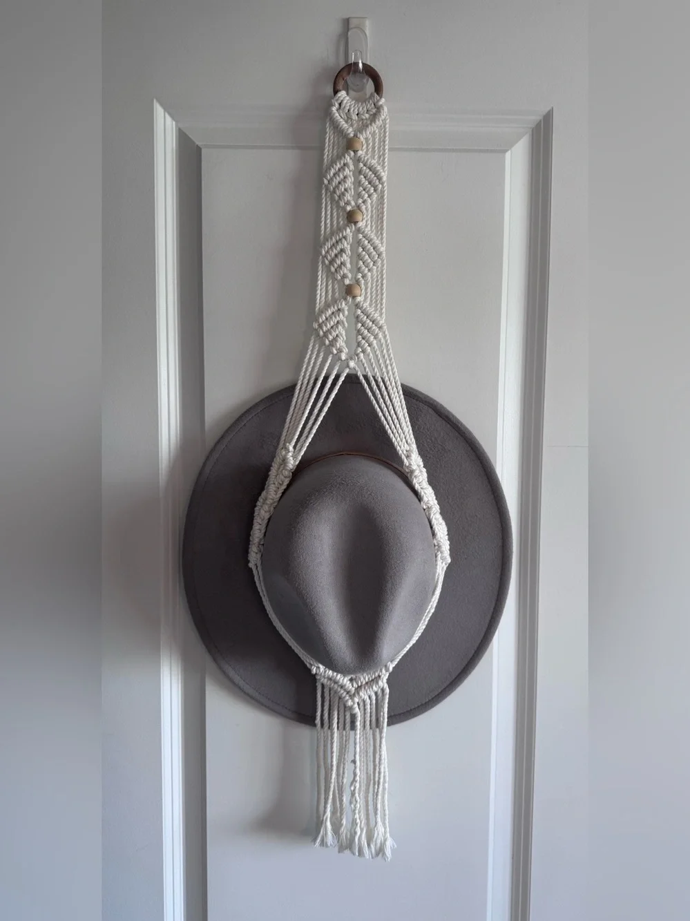 Wide Brim Felt Hat in Gray with ivory handmade macrame hat hanger